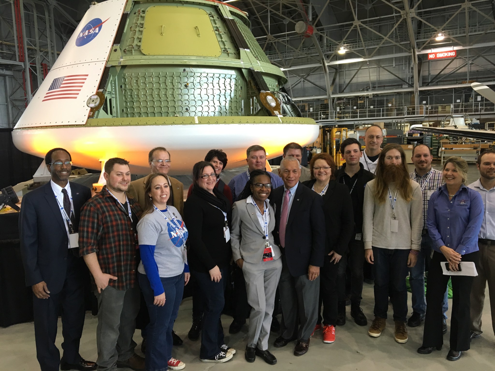 Participants in a NASA Social event at NASA Langley pose with Charles Bolden.