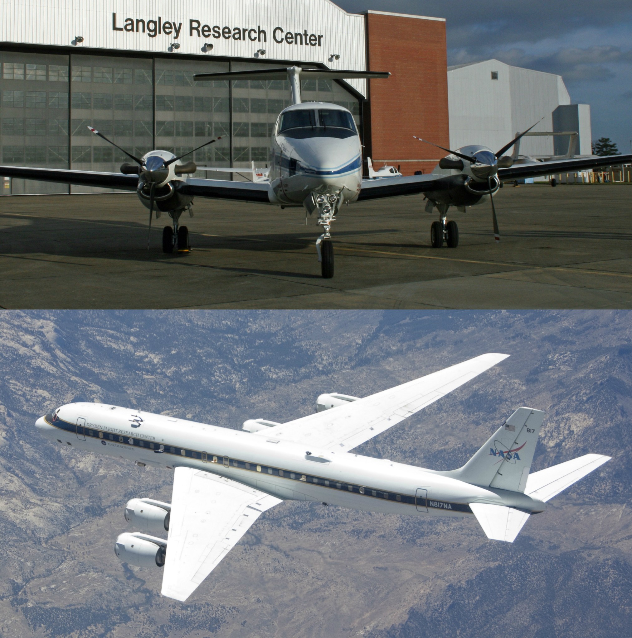 Two NASA research aircraft, the UC-12B (top) and the DC-8