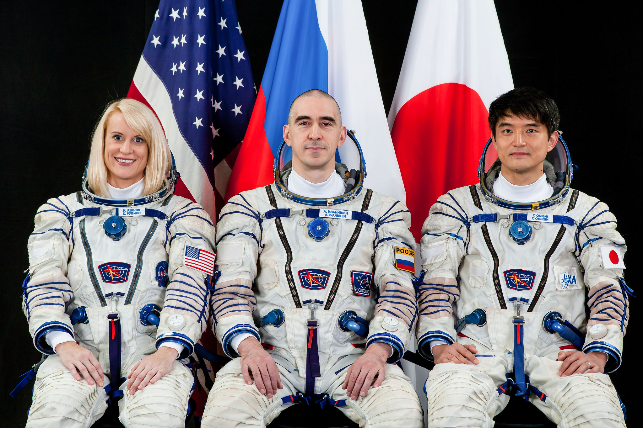 NASA astronaut Kate Rubins, Russian cosmonaut Anatoly Ivanishin and Japan Aerospace Exploration Agency astronaut Takuyaa Onishi