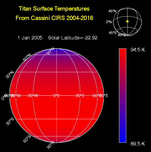 This sequence of maps shows varying surface temperatures on Saturn's moon Titan at two-year intervals, from 2004 to 2016