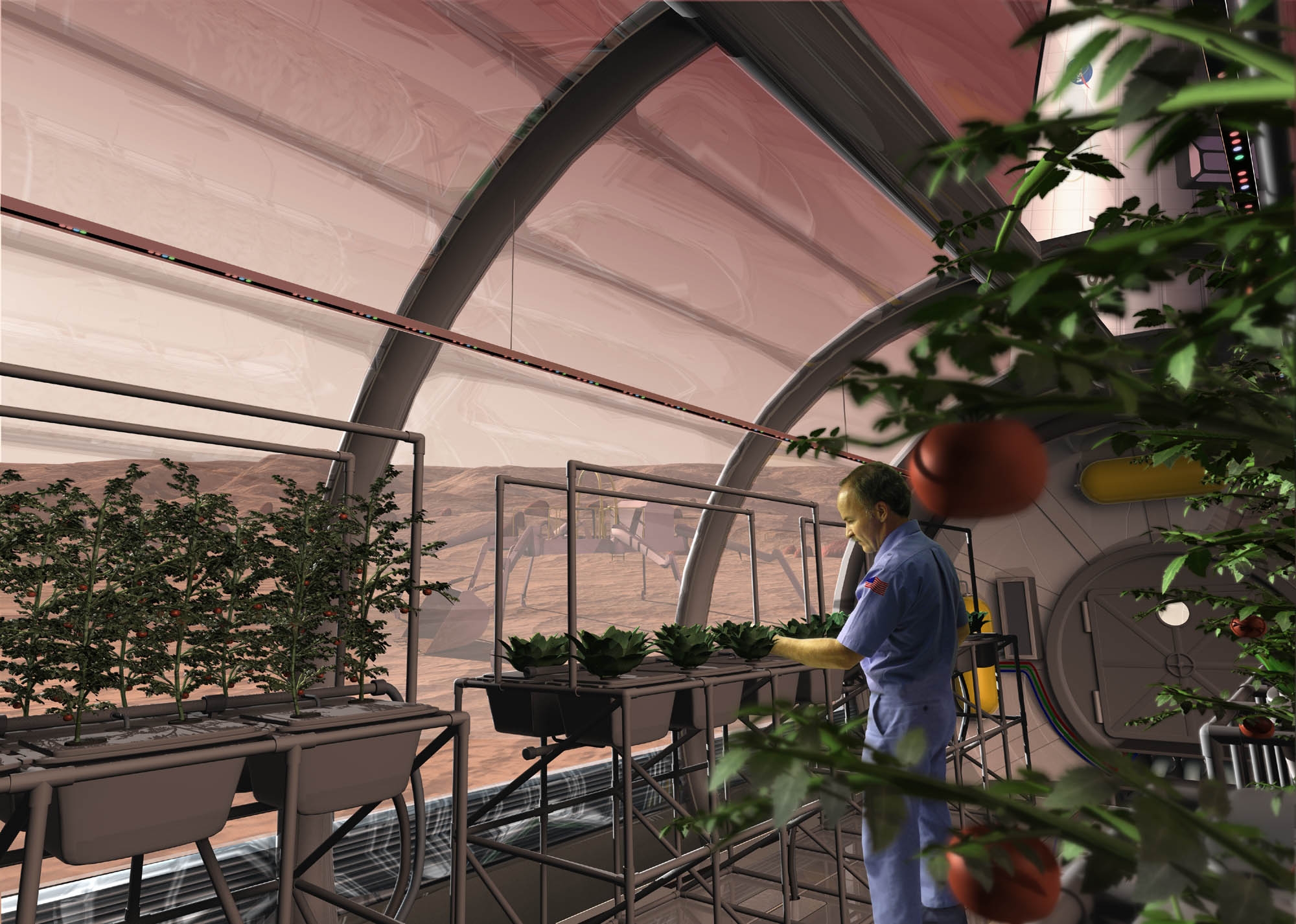 An artist concept depicts a greenhouse on the surface of Mars. 