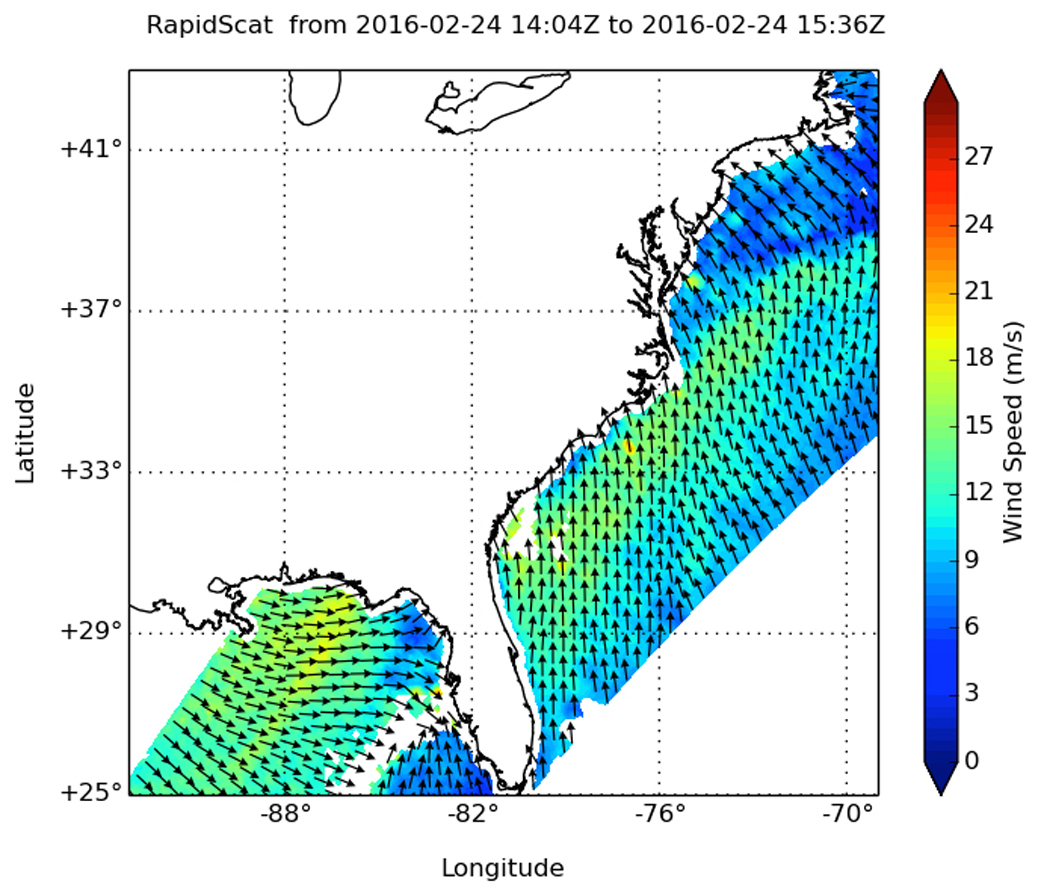 RapidScat image of high winds on US East Coast