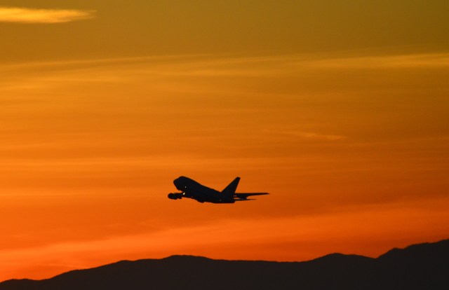 NASA's Stratospheric Observatory for Infrared Astronomy (SOFIA) takes off from Palmdale, California at sunset.