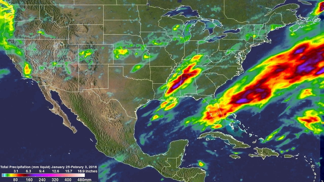 map of US with color coding for rain