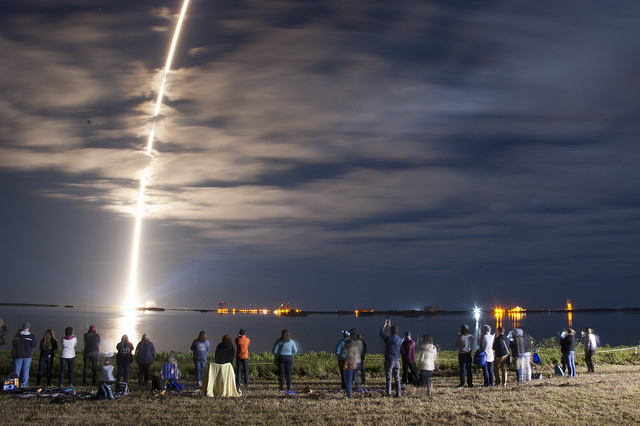 In a time-lapse exposure, a United Launch Alliance Atlas V rocket lifts off from Space Launch Complex 41 at Cape Canaveral Air Force Station carrying an Orbital ATK Cygnus resupply spacecraft on a commercial resupply services mission to the International Space Station.