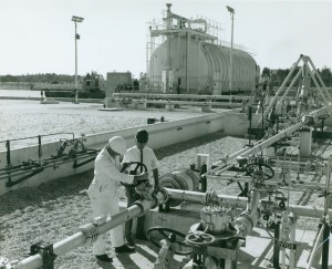 Dick Hogue (r) checks on early liquid hydrogen work in 1965 at the Mississippi Test Facility (now John C. Stennis Space Center).