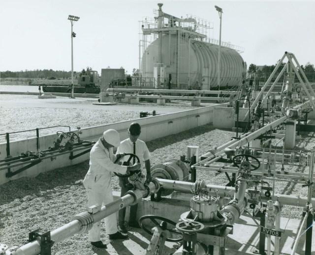 Dick Hogue (r) checks on early liquid hydrogen work in 1965 at the Mississippi Test Facility (now John C. Stennis Space Center).