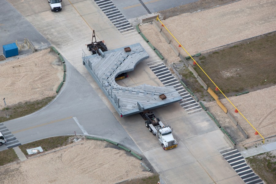 The first F-level work platform arrives at the Vehicle Assembly Building at NASA's Kennedy Space Center.