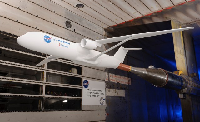 Truss Braced Wing airplane model mounted in wind tunnel