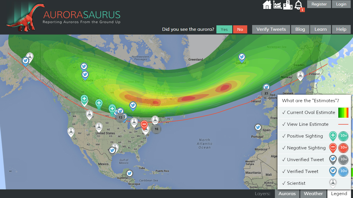 Aurorasaurus aurora map from March 6, 2016