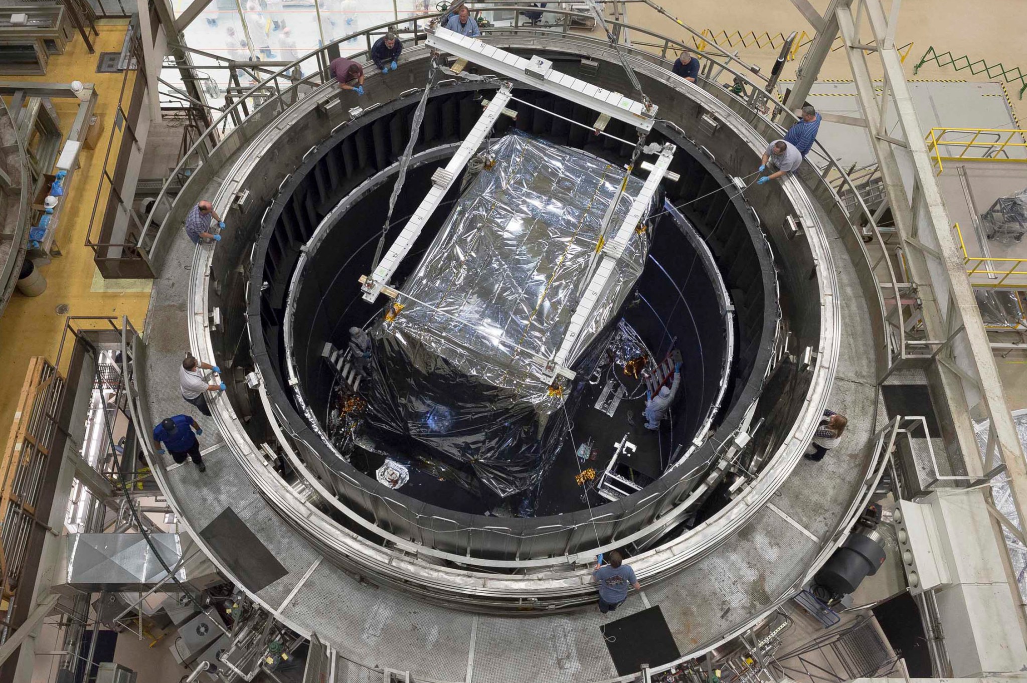 This rare overhead view of the thermal vacuum chamber at NASA's Goddard Space Flight Center in Greenbelt, Maryland.