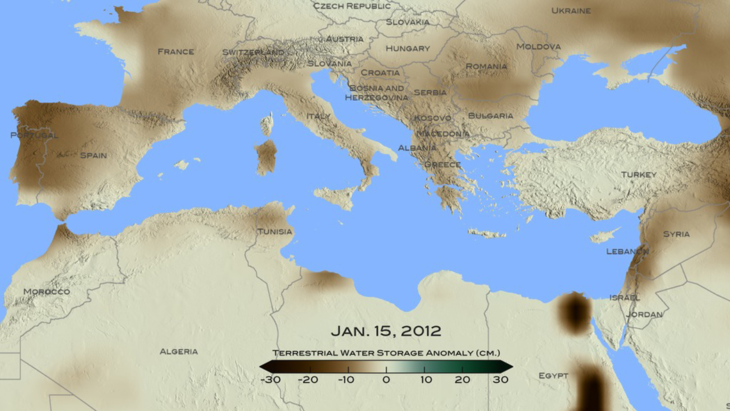 map of mediterranean with land colored with ground-water data and color bar