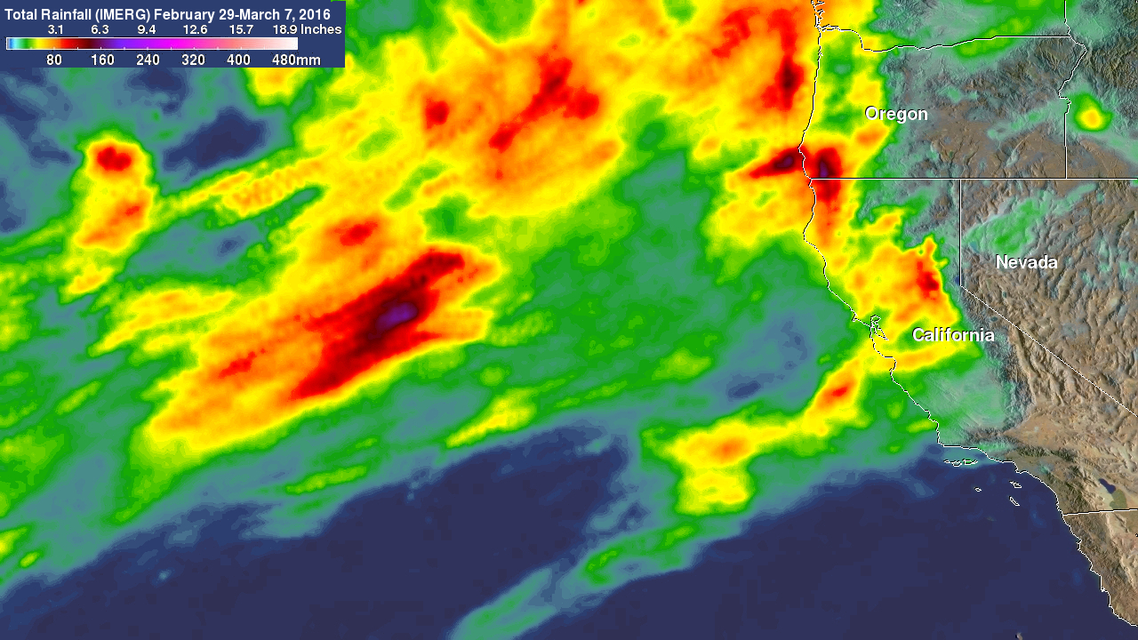 Red/green blobs covering most of the northeast pacific ocean