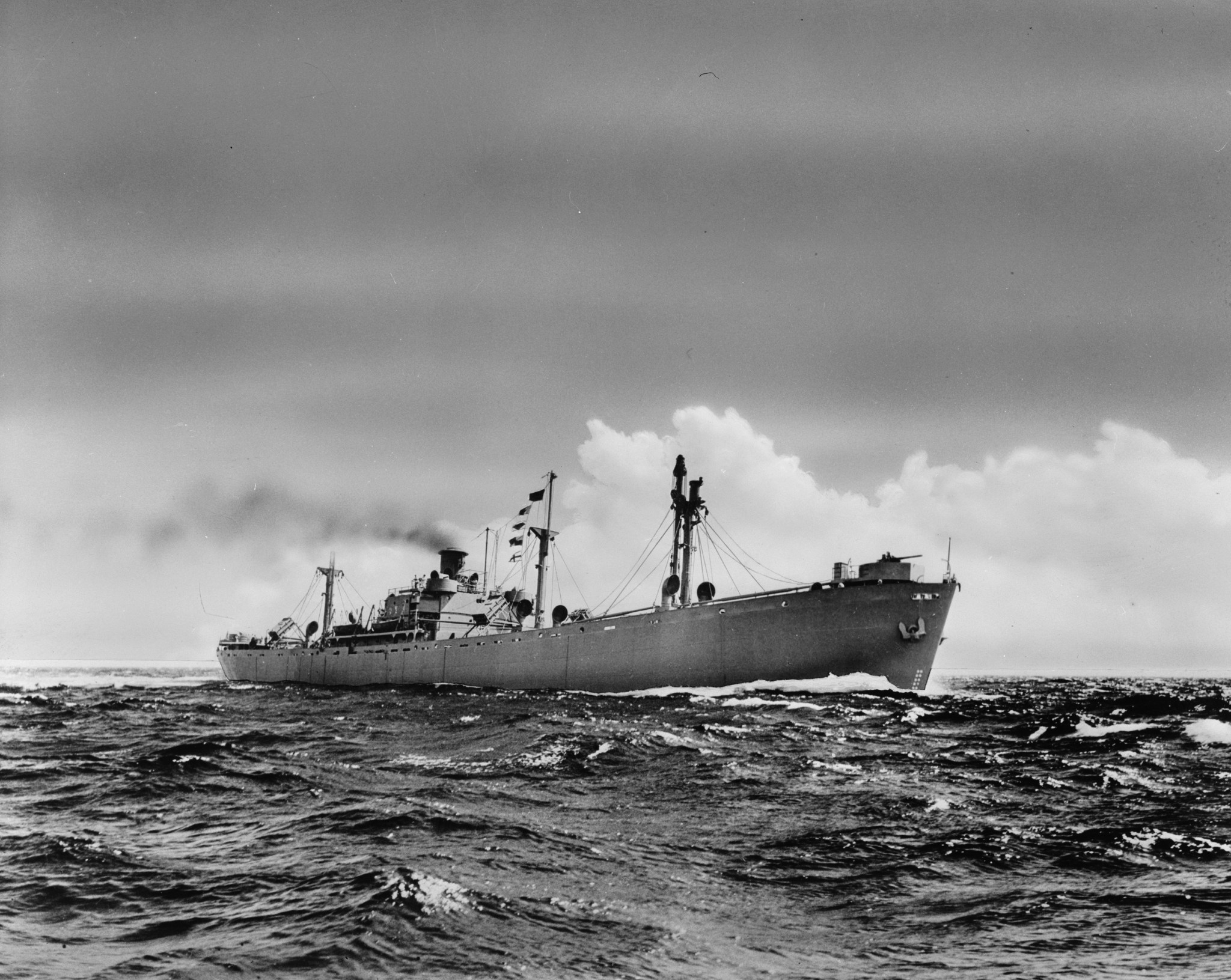 black and white ship on horizon with clouds