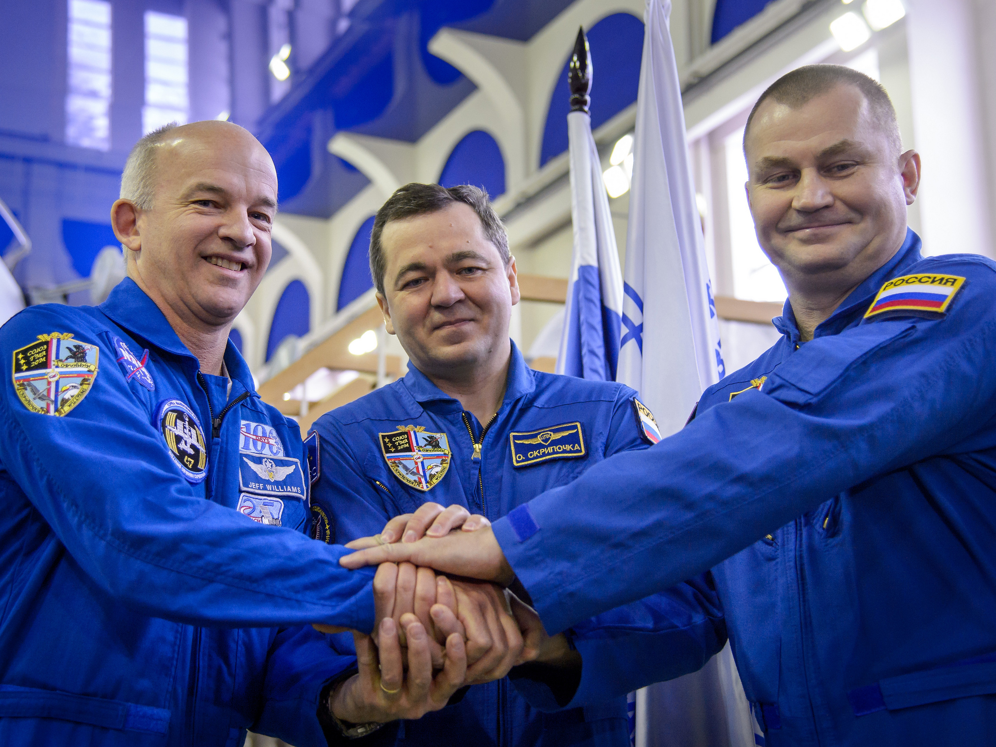 NASA astronaut Jeff Williams, and cosmonauts Oleg Skripochka and Alexei Ovchinin of the Russian space agency Roscosmos