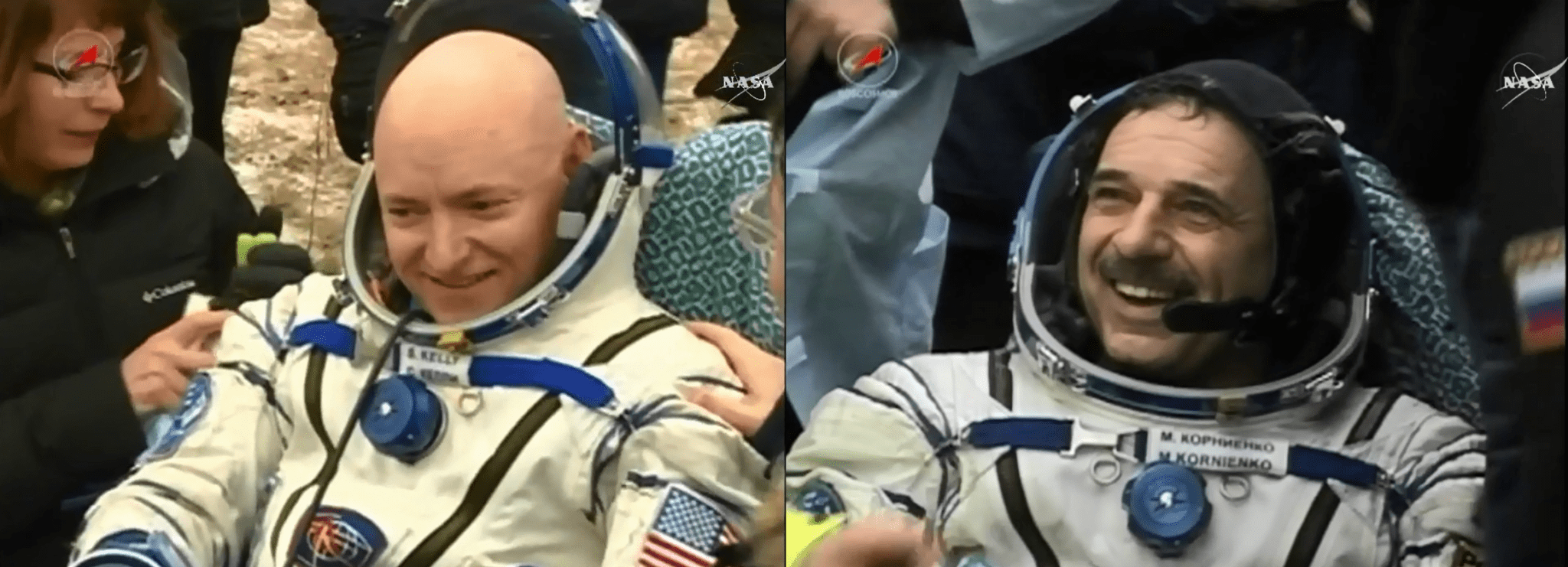 NASA astronaut and Expedition 46 Commander Scott Kelly and his Russian counterpart Mikhail Kornienko
