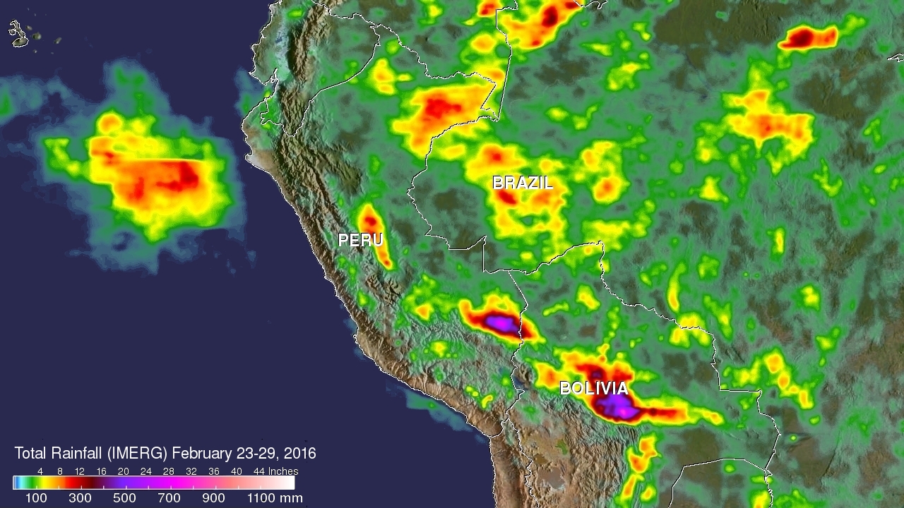 map of bolivia and peru with red/green rainfall data