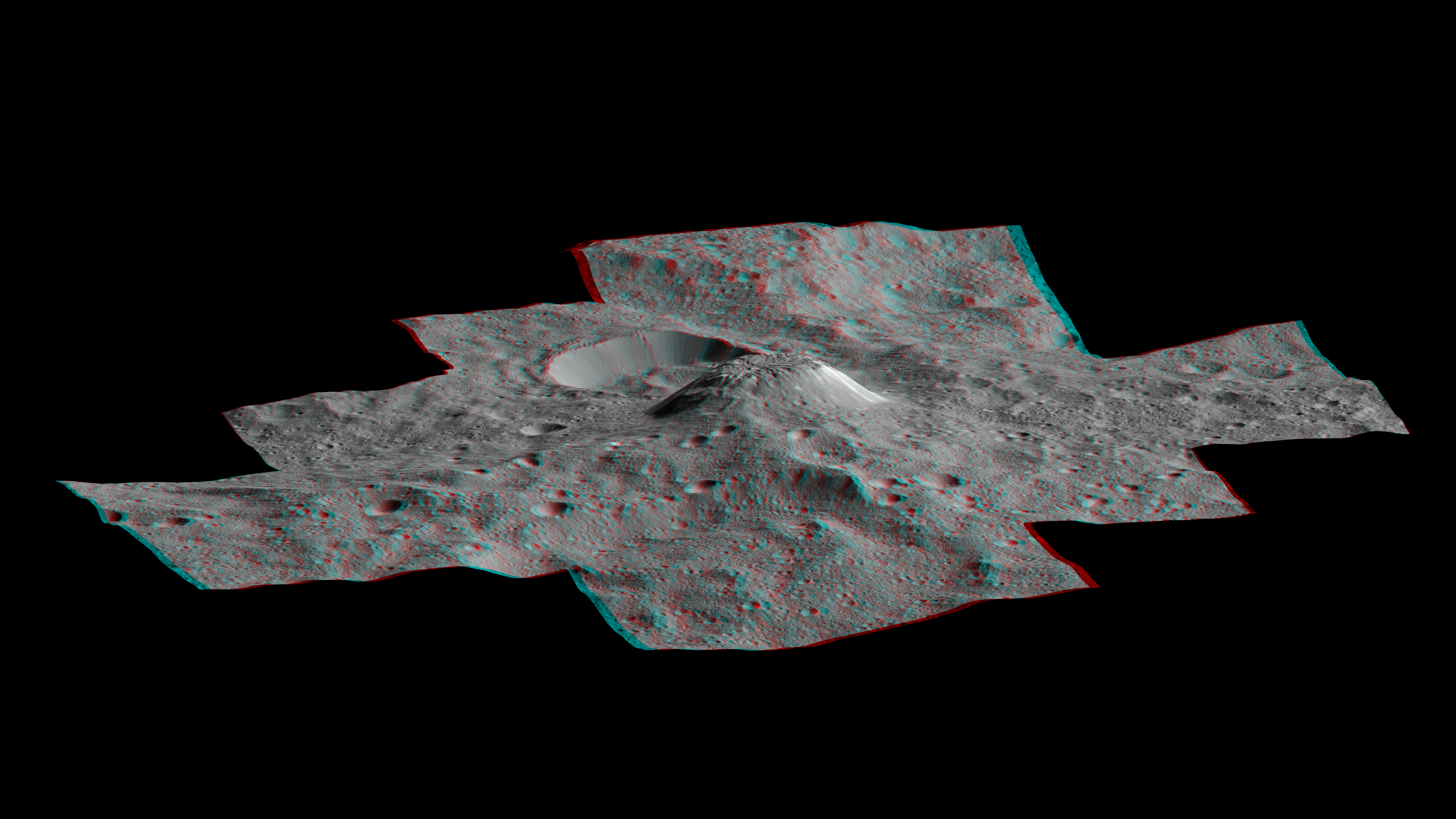 The side-perspective view of the mysterious mountain Ahuna Mons in 3D