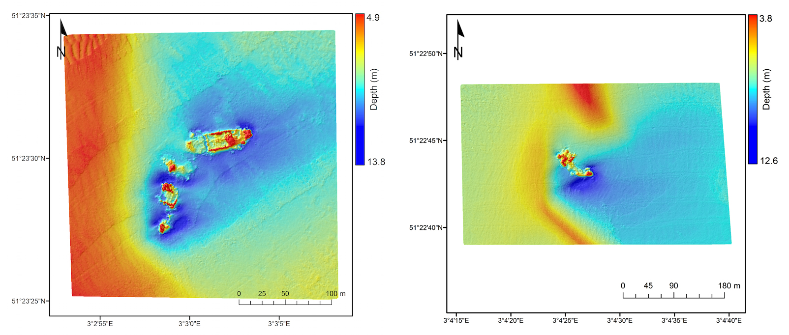 two rainbow colored elevation images showing debris with labels