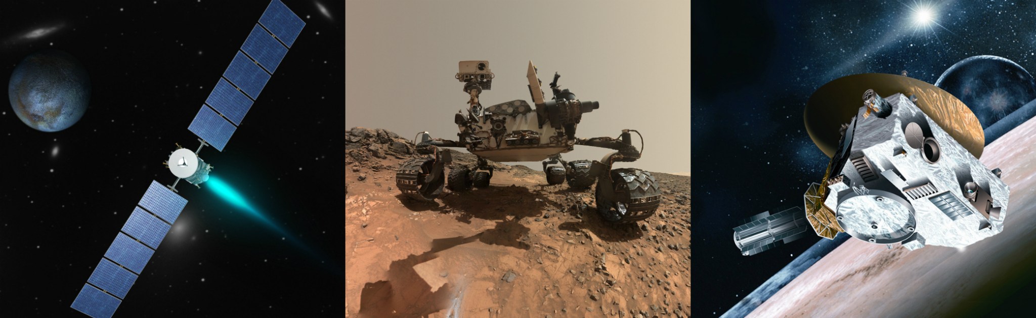 NASA Dawn spacecraft, Curiosity Mars rover and New Horizons spacecraft.