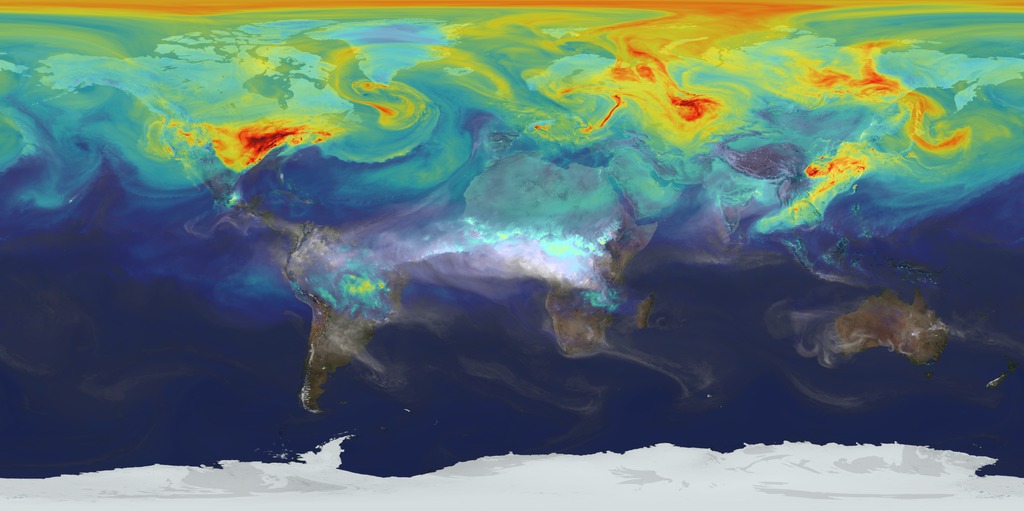 A global picture of atmospheric carbon dioxide simulated by NASA’s GEOS-5 model.  