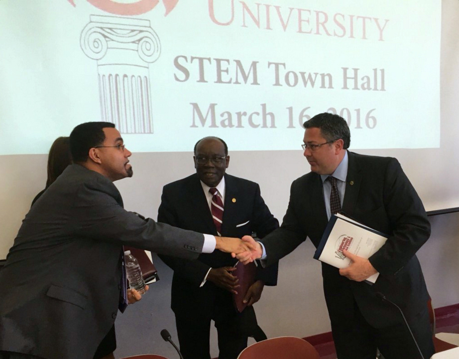 Secretary of Education Bill King, left, Alabama A&M University President Andrew Hugine, center, and Director Todd May.