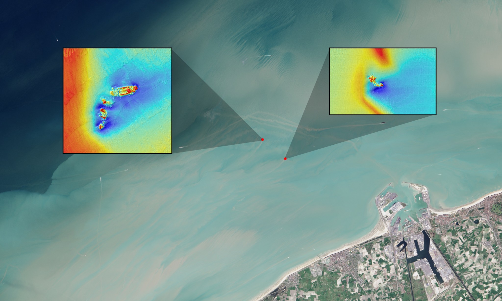 natural color satellite image with inset elevation maps