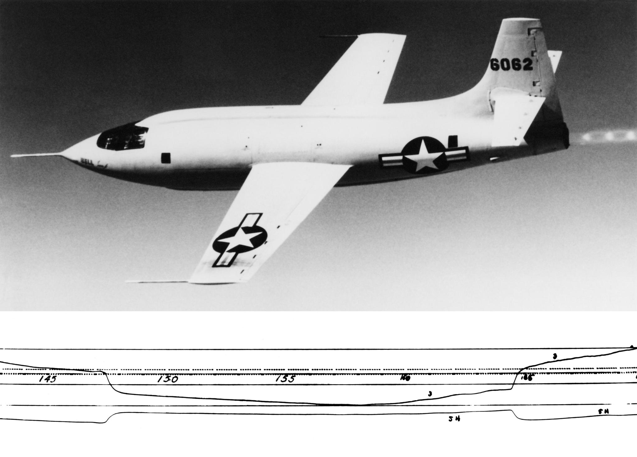 Black and white photo of the Bell X-1 in flight.