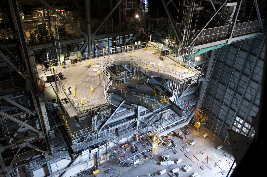 One of the J-level work platforms is powered on in the Vehicle Assembly Building.