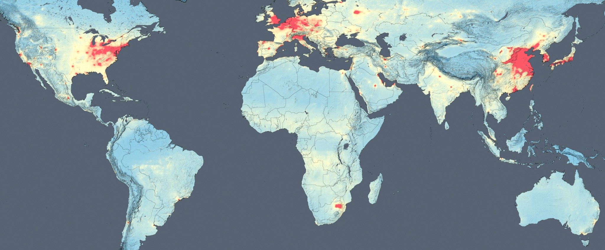 Map of the globe with air pollution data mapped in warm colors