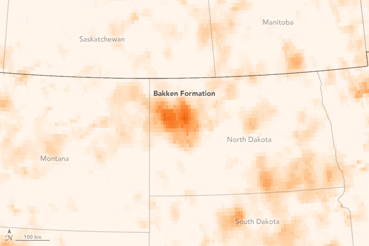 NO2 data map of North Dakota in orange and white