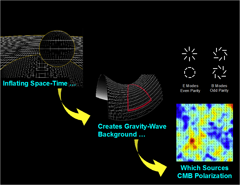 Infographic showing how inflating space time creatives gravity wave background, which sources CMB polarization.