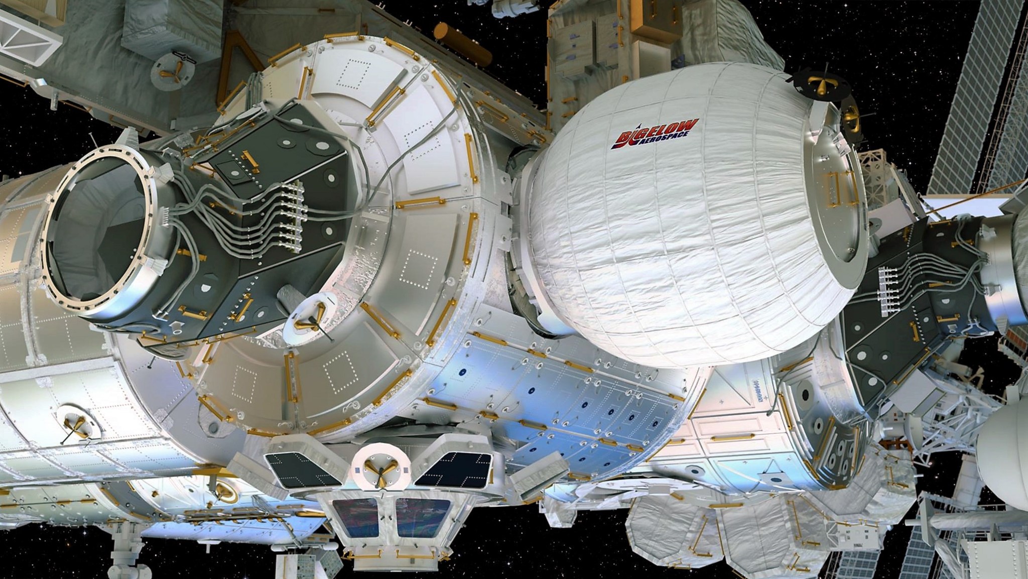 This artist’s concept depicts the Bigelow Expandable Activity Module attached to the International Space Station