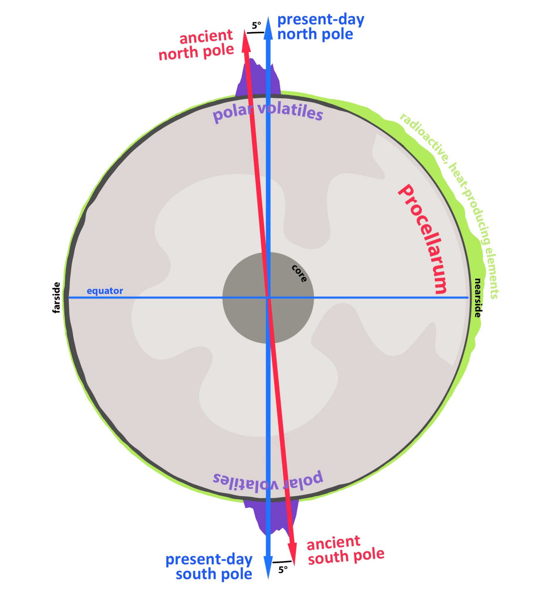 A cross-section through the moon, highlighting the antipodal nature of lunar polar volatiles (in purple)