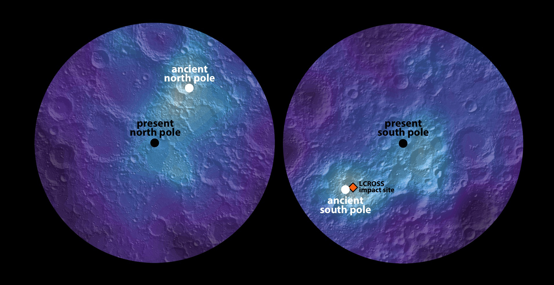 This polar hydrogen map of the moon’s northern and southern hemispheres identifies the location of the moon’s ancient and presen