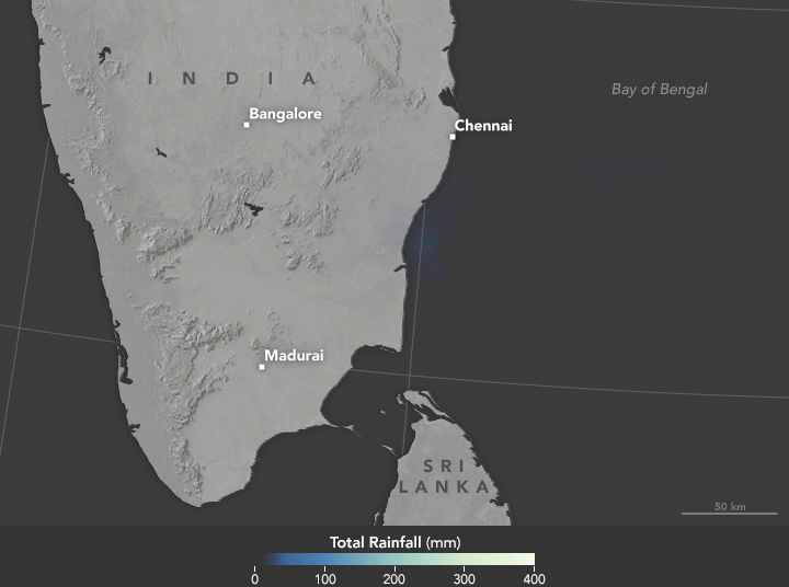 Animated GIF showing a visualization of a breaking news story concerning rainfall and flooding in India.