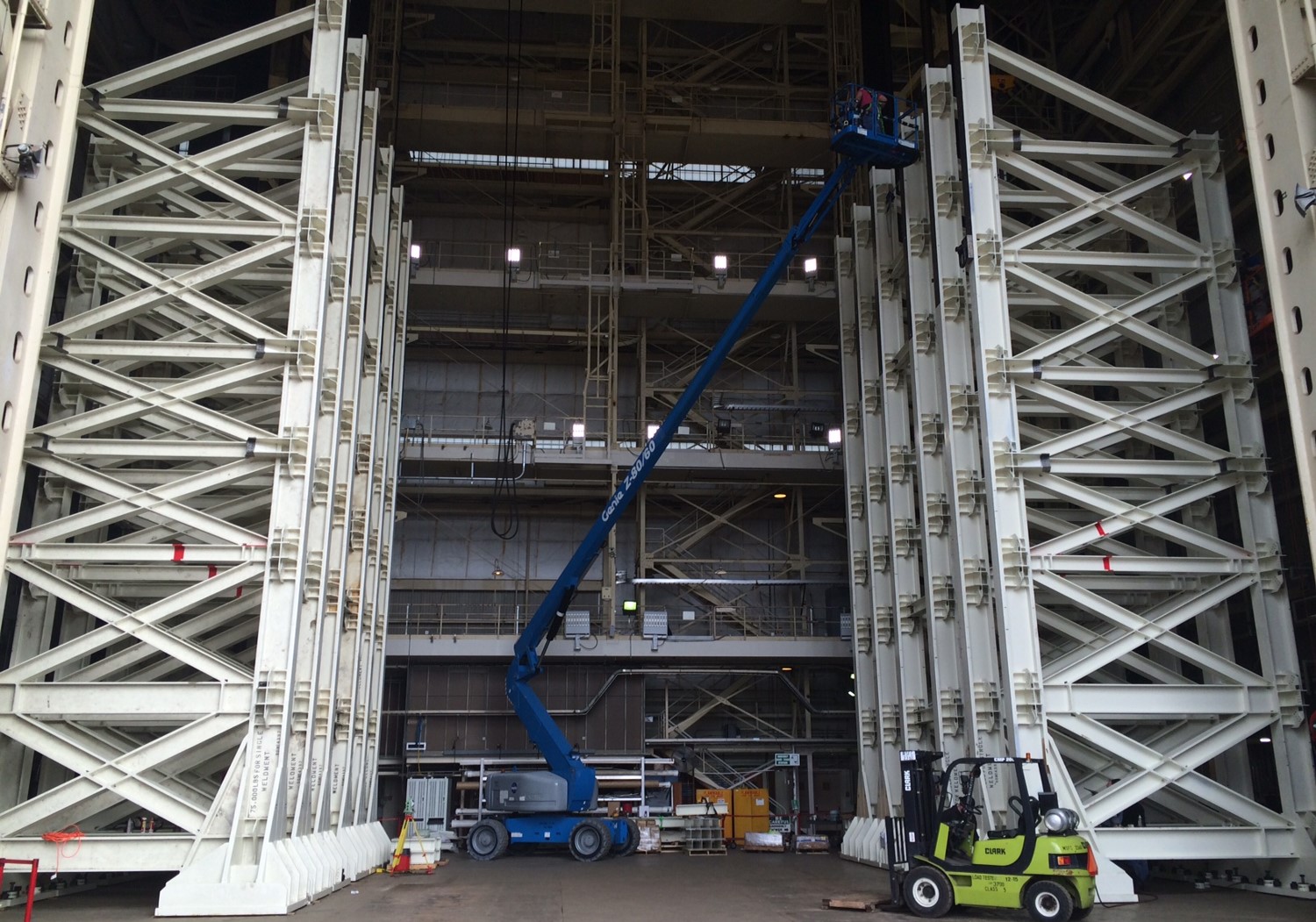 Twelve main tower panels for the intertank test structure have been installed at the Building 4619 load test annex.