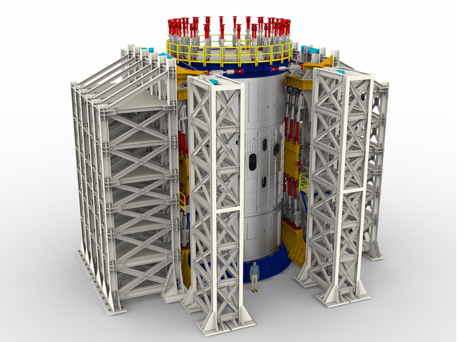 This artist concept depicts the 62-foot-tall intertank test structure under construction at NASA's Marshall Space Flight Center.