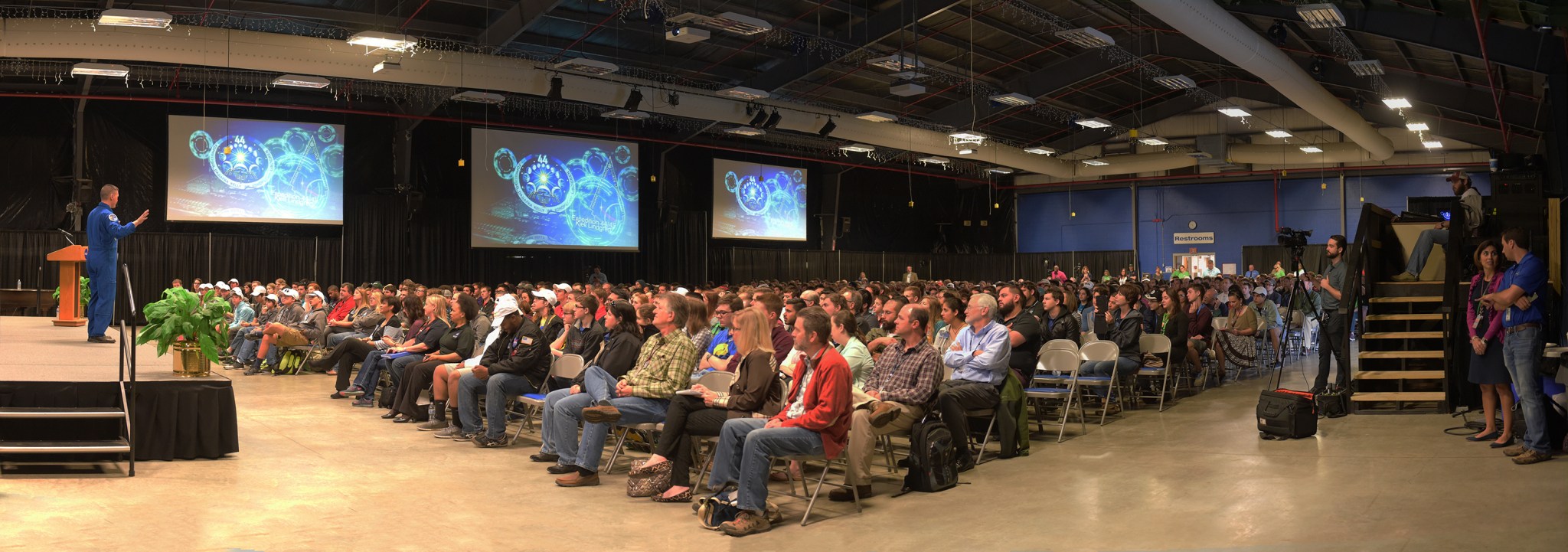 NASA astronaut Kjell Lindgren, visiting NASA's Marshall Space Flight Center on April 14, talks with the workforce.