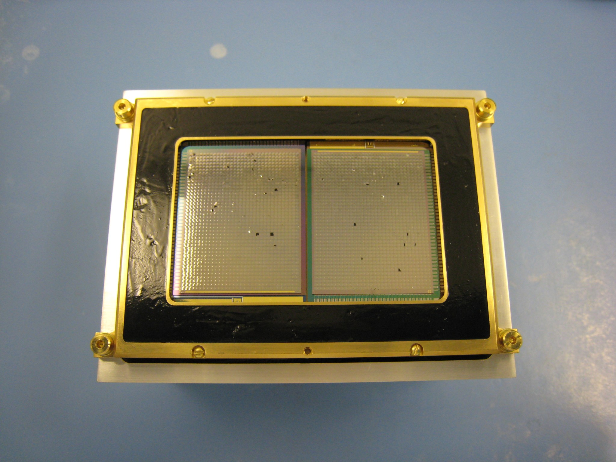 A small metal frame, with a black outline. Inside the frame, a grid is made of thin gold material.