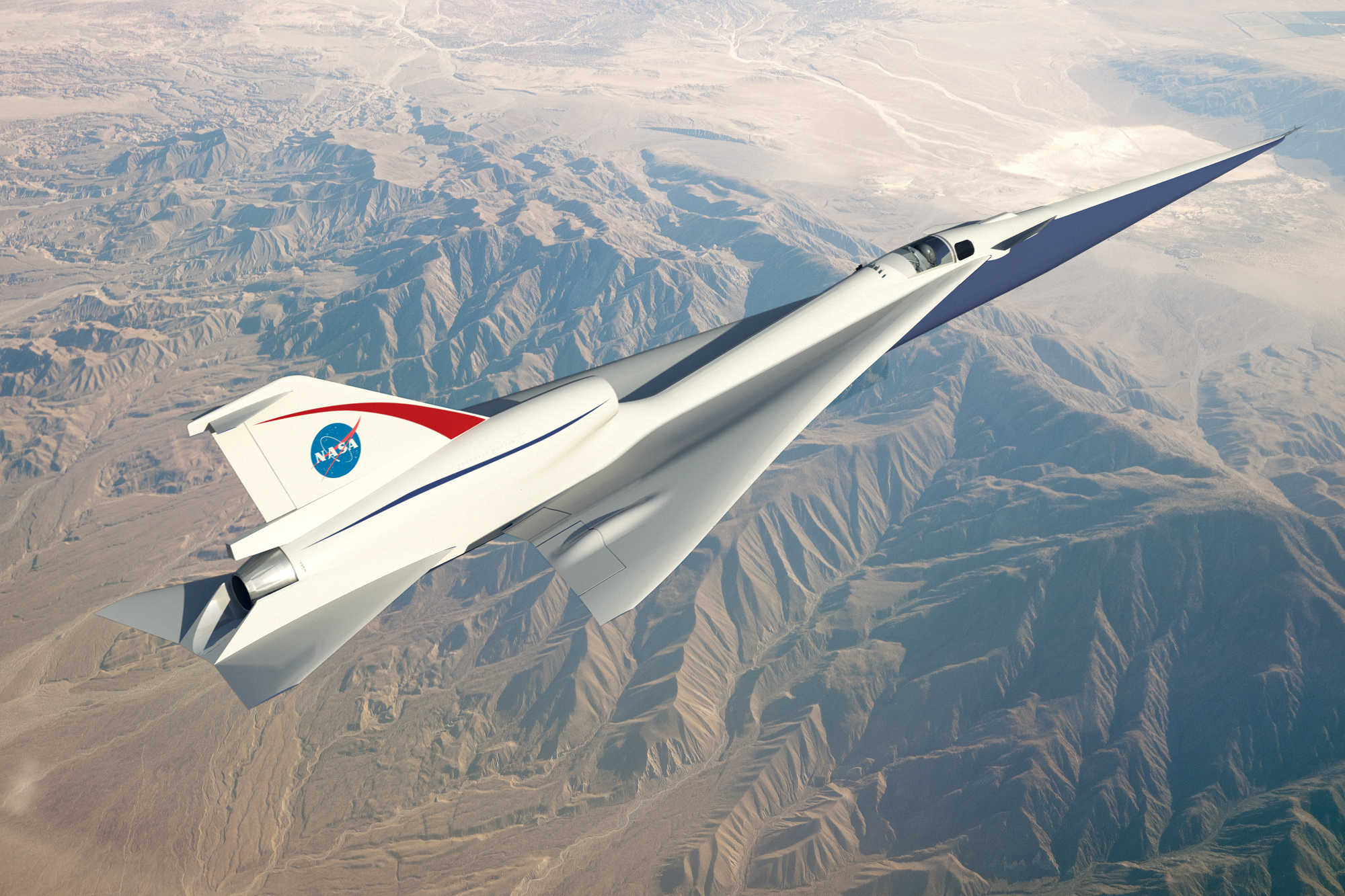 The Quiet Supersonic Technology preliminary design concept, an artist rendering, in flight.
