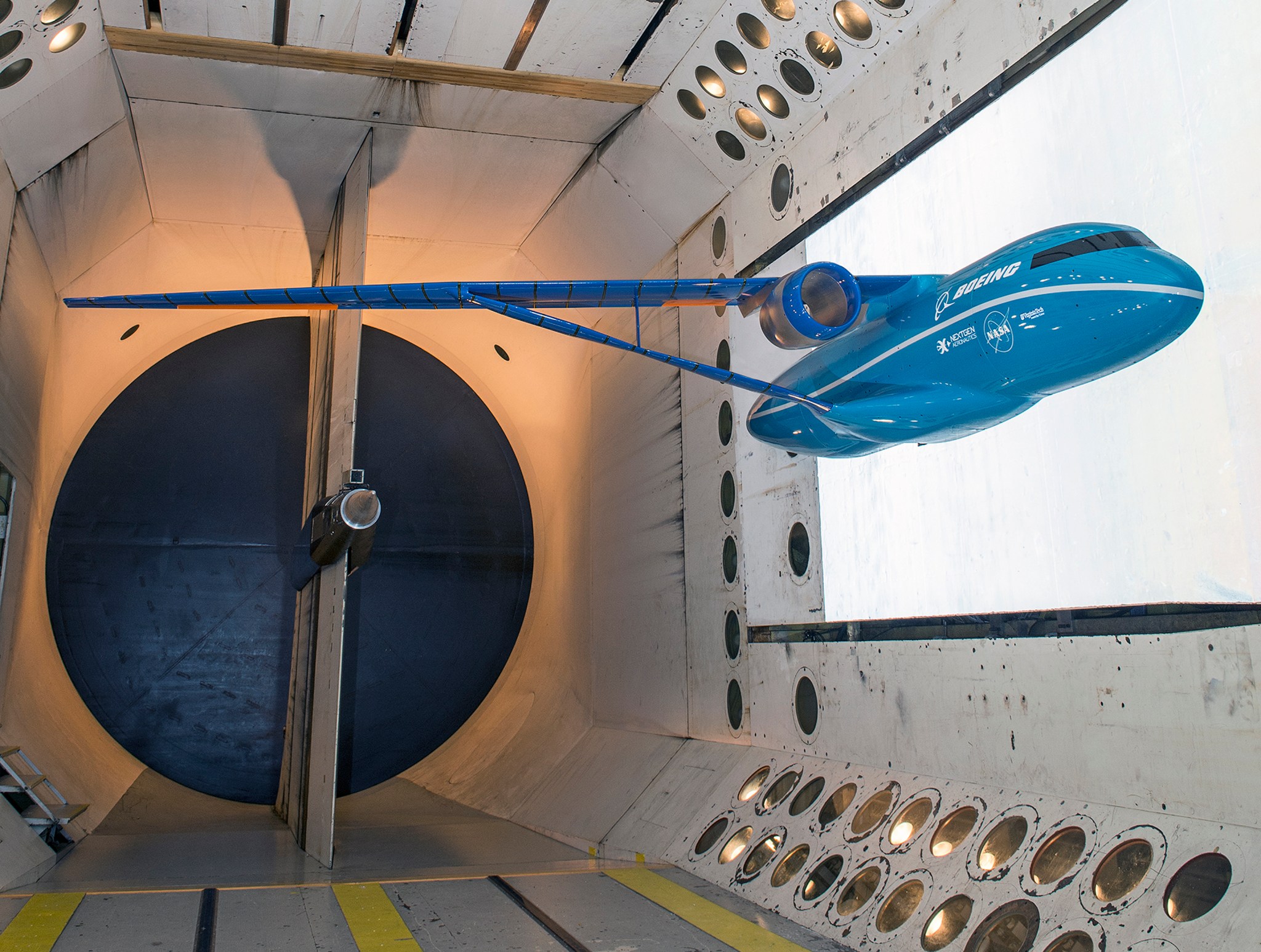 A 15-percent scale model built by Boeing, in for testing at the NASA Langley Transonic Dynamics Tunnel.