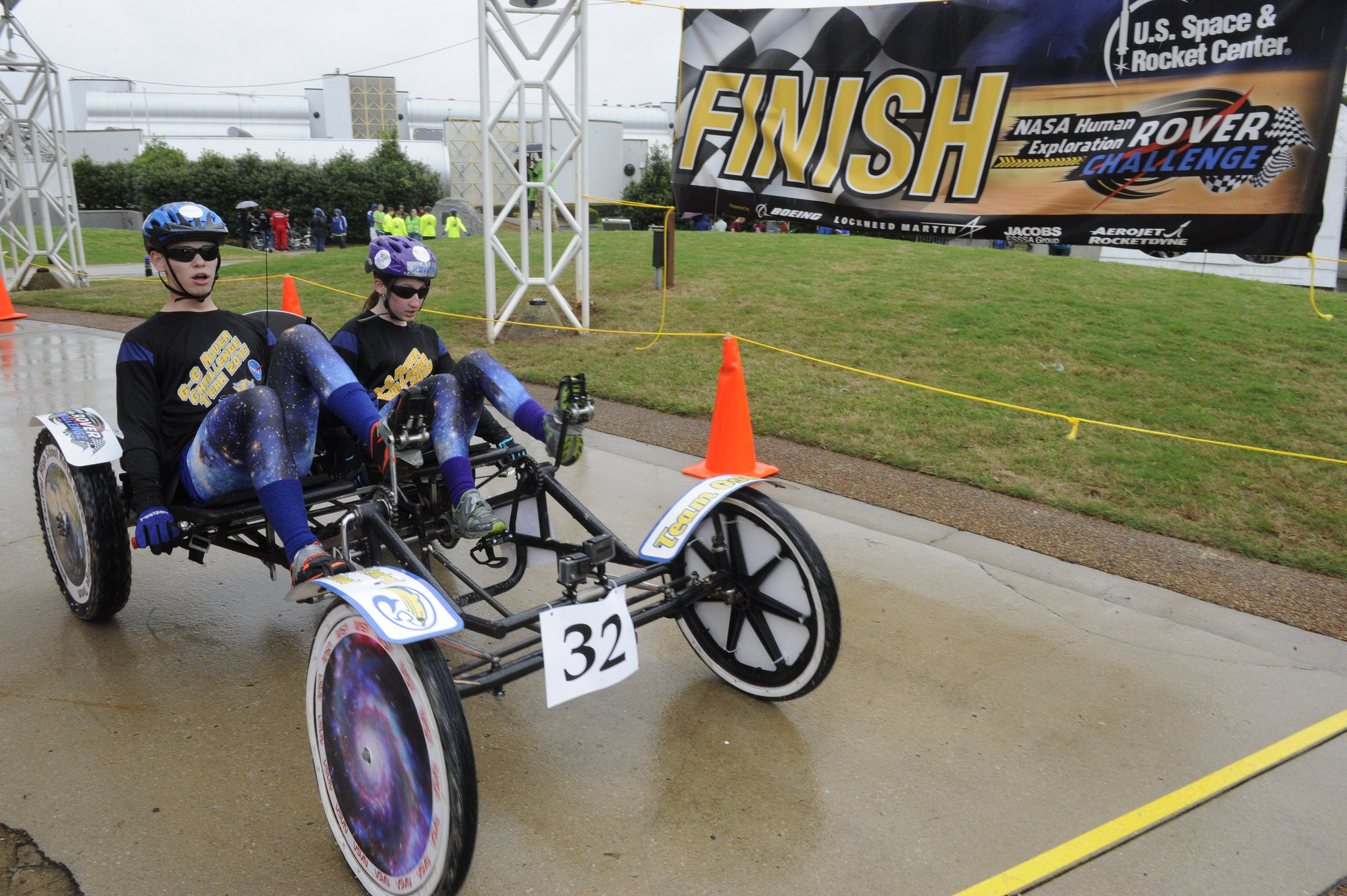 The Greenfield Central High School Rover Team crosses the finish line during the 2015 Human Exploration Rover Challenge.