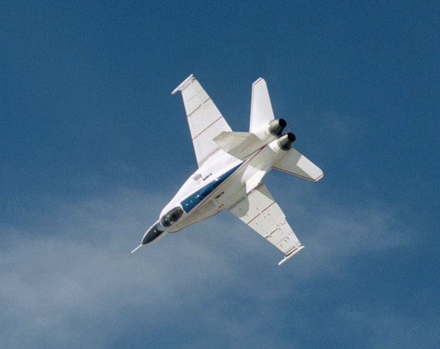 NASA's flexible-wing F/A-18 maneuvers in flight.