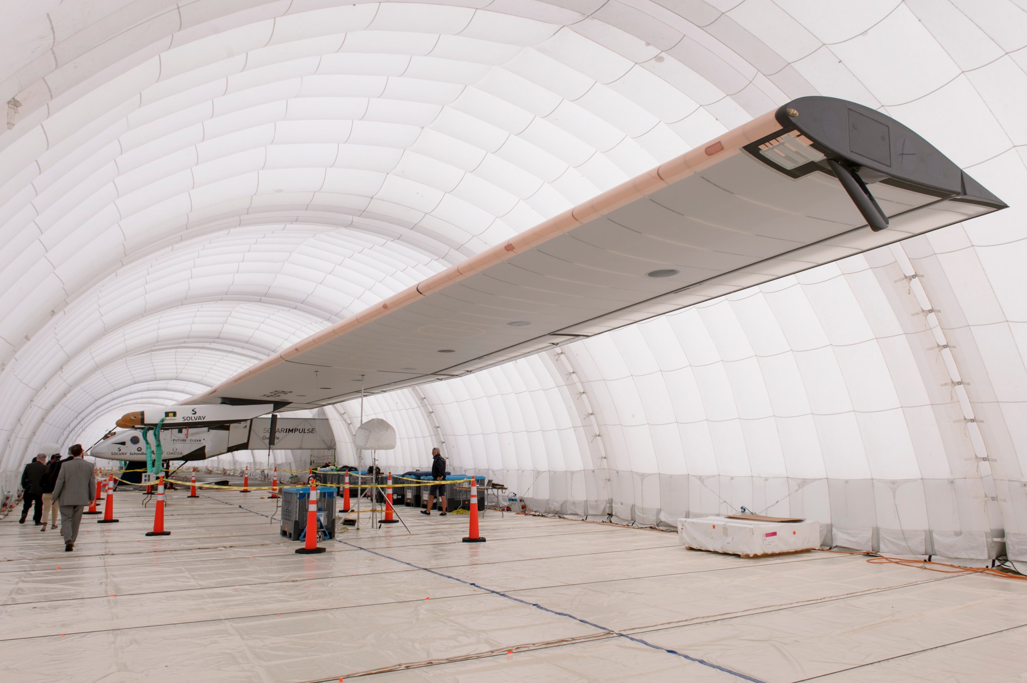 Solar impulse at Ames in a specially built hangar