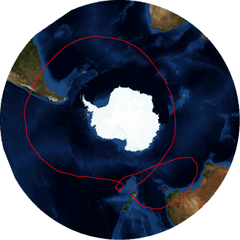 Circular map of a Super pressure balloon circumnavigation around Antartica.
