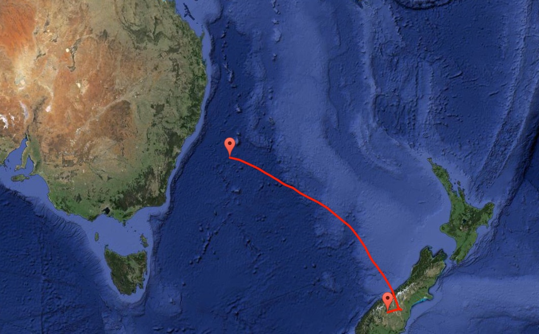 Google Earth view of Southern Australia and New Zealand, with a red line representing the balloon flight path between the two countries.