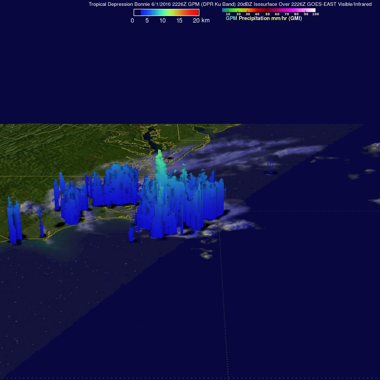 rainfall totals observed by GPM in Bonnie