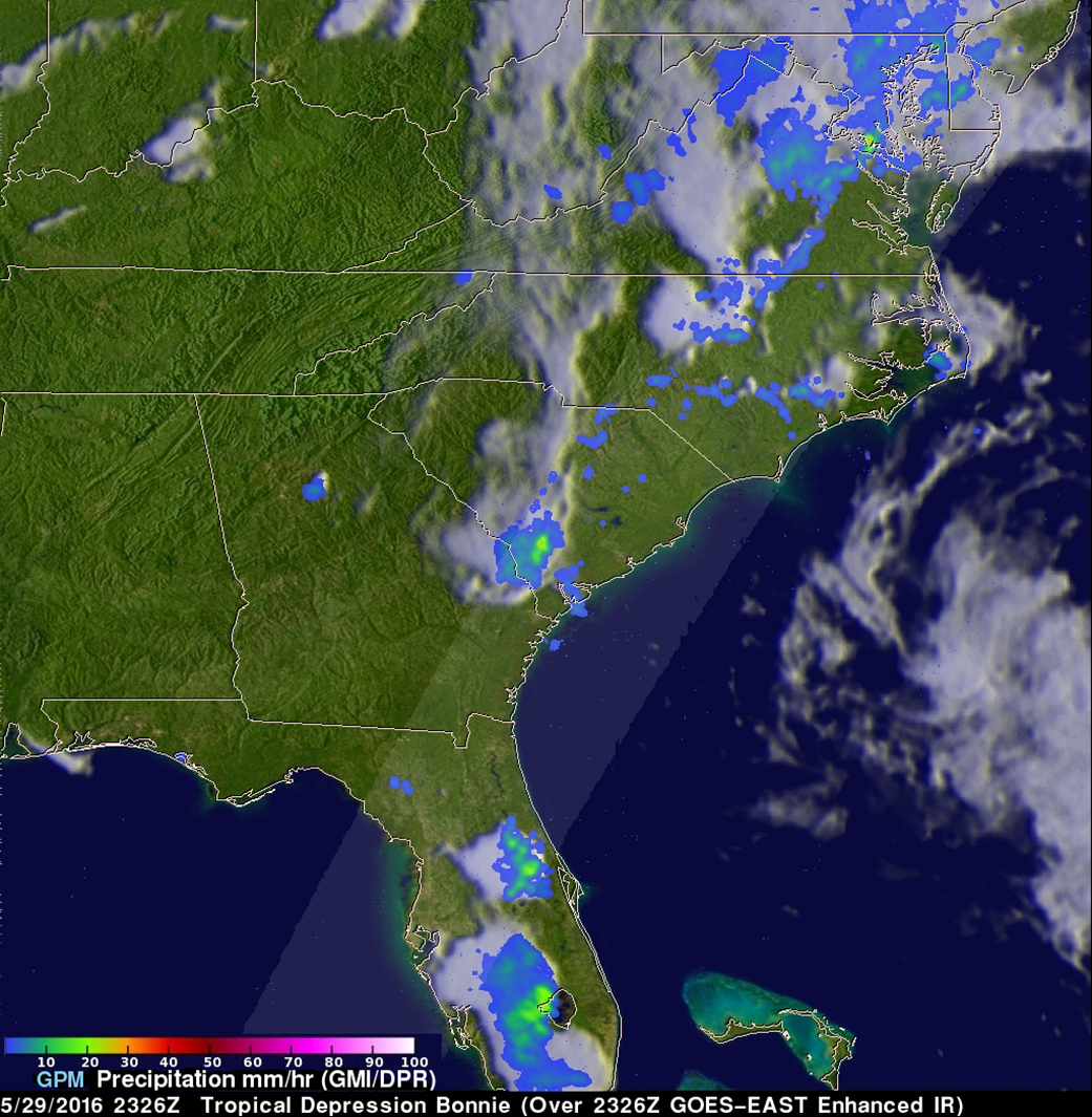 On May 29, NASA-JAXA's GPM core satellite showed rain falling at a rate of over 25.4 mm (1 inch) per hour in South Carolina.