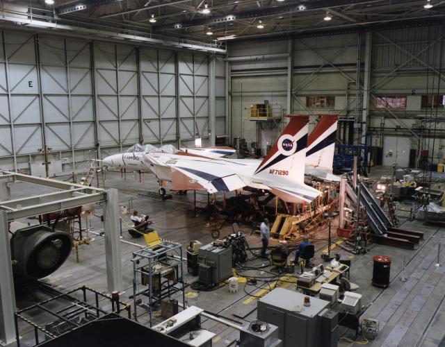 Test setup for strain gage calibration loading conducted on the F-15 ACTIVE 16 Jun 1995 in the Flight Loads Laboratory.